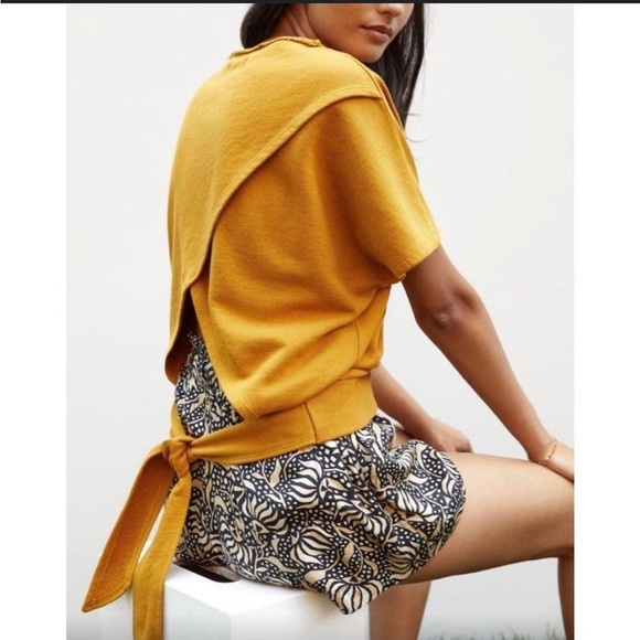 Anthropologie Mustard Yellow Tie Back Sweatshirt Short Sleeve M - Picture 1 of 6